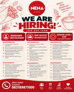 Lowongan Kerja Sebagai Manager Restaurant, SPV Outlet dan Senior Cook/CDP untuk NENA CAFE Penempatan di Bali