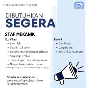 Lowongan Kerja Sebagai Mekanik dan Staff Gudang untuk PT. Gomarine Pacific Global Penempatan di Bali
