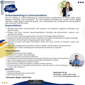 Lowongan Kerja Sebagai Online Marketing & Communication untuk PT. Global Indep Consultants Indonesia Penempatan di Badung