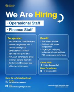 Lowongan Kerja Sebagai Operasional Staff danFinance Staff untuk Mahaputra Sejahtera Penempatan di Panjer, Denpasar