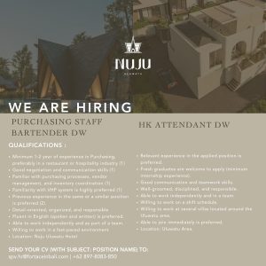 Lowongan Kerja Sebagai Purchasing Staff, Bartender DW dan HK Attendant DW untuk NUJU Uluwatu Penempatan di Badung