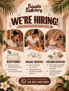 
Lowongan Kerja Sebagai Receptionist, Massage Therapist dan Strectching Instructor untuk Booty Bakery Penempatan di Seseh, Badung