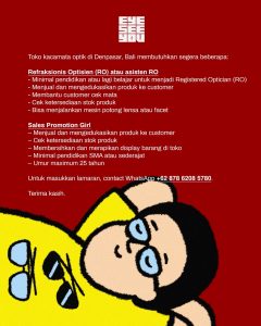 Lowongan Kerja Sebagai Refraksionis Optisien (RO) atau Asisten RO, Sales Promotion Girl untuk EyeSeeYou Optik Penempatan di Denpasar