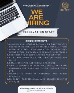 Lowongan Kerja Sebagai Reservation Staff untuk Dewi Agung Management Penempatan di Denpasar