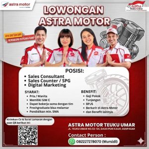 Lowongan Kerja Sebagai Sales Konsultan, Counter Sales /SPG, Digital Marketing & Host Live Tiktok untuk Astra Motor Teuku Umar Penempatan di Denpasar