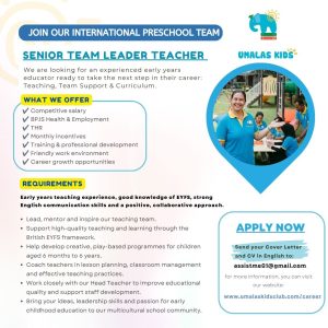 Lowongan Kerja Sebagai Senior Team Leader Teacher, Early Years Teacher dan Administration untuk Umalas Kids Club Penempatan di Badung