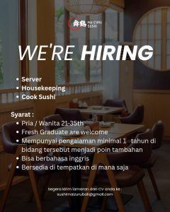 Lowongan Kerja Sebagai Server, Housekeeping, Cook Sushi untuk MAIZURU Sushi Penempatan di Bali 