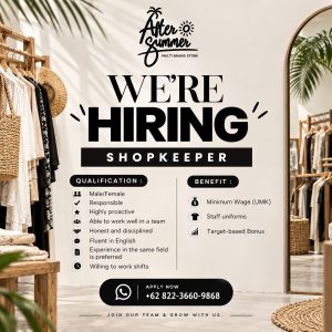 Lowongan Kerja Sebagai Shopkeeper untuk After Summer Penempatan di Seminyak, Badung