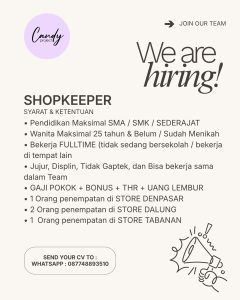 Lowongan Kerja Sebagai Shopkeeper untuk Candy Project Penempatan di Bali