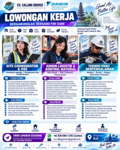 Lowongan Kerja Sebagai Site Coordinator, Admin, dan Teknisi HVAC untuk CV Calling Service Penempatan di Bali
