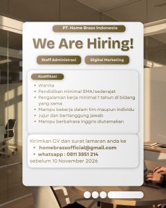 Lowongan Kerja Sebagai Staff Administrasi dan Digital Marketing untuk PT. Home Brass Indonesia Penempatan di Kerobokan, Badung