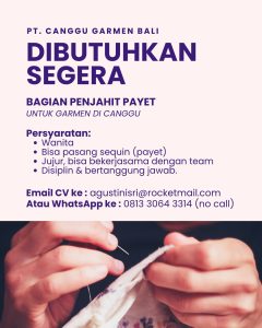 Lowongan Kerja Sebagai Staff Bagian Penjahit Payet untuk PT Canggu Garmen Bali Penempatan di Badung