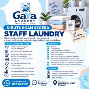 Lowongan Kerja Sebagai Staff Laundry untuk GAYA Laundry Penempatan di Denpasar