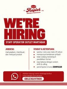 Lowongan Kerja Sebagai Staff Operator Outlet Martabak untuk Hapies Martabak & Terang Bulan Penempatan di Denpasar