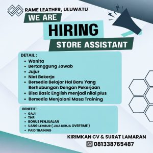 Lowongan Kerja Sebagai Store Assistant untuk RAME LEATHER Penempatan di Uluwatu, Badung