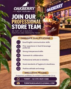 Lowongan Kerja Sebagai Store Team untuk Oakberry Acai Penempatan di Berawa, Badung
