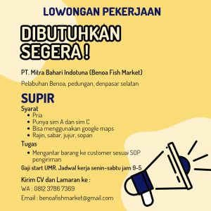 Lowongan Kerja Sebagai Supir untuk PT. Mitra Bahari Indonesia (Benoa Fish Market) Penempatan di Denpasar