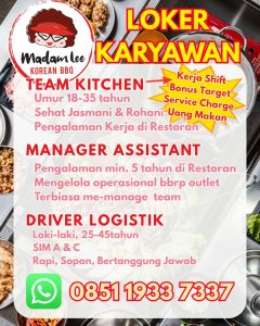 Lowongan Kerja Sebagai Team Kitchen, Manager Assistant dan Driver Logistik untuk Madam Lee Penempatan di Denpasar