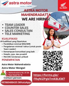 Lowongan Kerja Sebagai Team Leader, CounterSales, Sales Consultant dan Tele Marketing untuk ASTRA MOTOR Penempatan di Bali