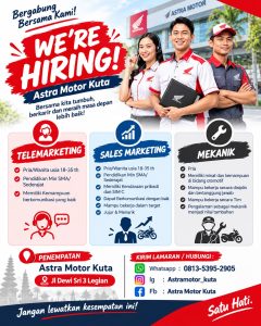 Lowongan Kerja Sebagai Telemarketing, Sales Marketing, Mekanik untuk Astra Motor Kuta Penempatan di Badung