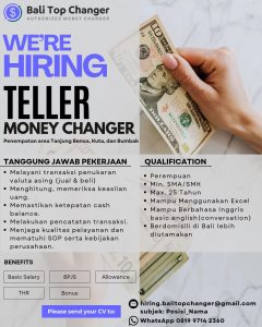 Lowongan Kerja Sebagai Teller untuk PT Bali Top Changer Penempatan di Ubud, Gianyar