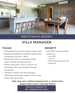 Lowongan Kerja Sebagai Villa Manager untuk Balimoves Property Penempatan di Sanur, Denpasar