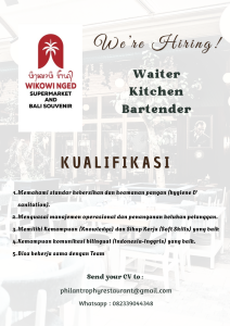 
Lowongan Kerja Sebagai Waiter, Kitchen dan Bartender untuk WIKOWI NGED Penempatan di Bali
