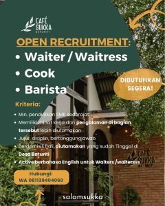 Lowongan Kerja Sebagai Waiter&Waitress, Cook dan Barista untuk Cafe Sukka Penempatan di Baturiti, Tabanan