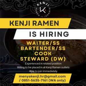 Lowongan Kerja Sebagai Waiter/ss, Bartender/ss, Cook dan Steward untuk KENJI RAMEN Penempatan di Badung