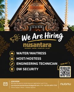 Lowongan Kerja Sebagai Waiter,ss, Host/Hostess, Engineering Techinician dan DW Security untuk Nusantara Restaurant Penempatan di Tabanan