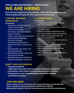 Lowongan Kerja Sebagai Waiter/ss (Pramusaji), Cashier untuk Kendi Kuning Restaurant Penempatan di Seminyak, Badung