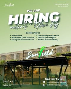 Lowongan Kerja Sebagai Waiter/ss dan Kitchen Staff untuk Sunfield Penempatan di Darmasaba, Badung