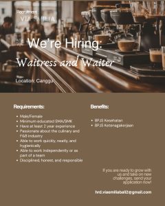 Lowongan Kerja Sebagai Waitress & Waiter, Baker, dan Delivery Staff untuk VIA EMILIA Penempatan di Canggu, Badung