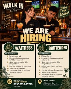 Lowongan Kerja Sebagai Waitress dan Bartender untuk WALK IN Pub Penempatan di Sanur, Denpasar
