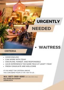 Lowongan Kerja Sebagai Waitress untuk Bali Bondi Restaurant Penempatan di Legian, Badung