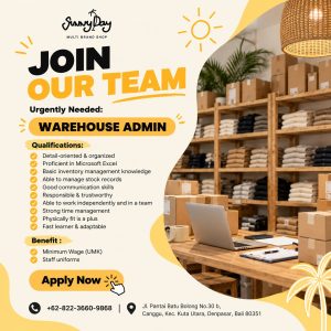 Lowongan Kerja Sebagai Warehouse Admin untuk Sunny Day Penempatan di Badung