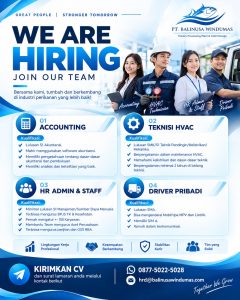Lowongan Kerja Sebagai Accounting, Teknisi HVAC, HR Admin & Staff dan Driver Pribadi untuk PT. Balinusa Windumas Penempatan di Denpasar