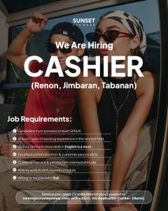 Lowongan Kerja Sebagai Cashier untuk Sunset Eyewear Penempatan di Bali