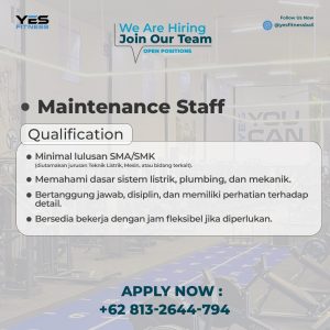 Lowongan Kerja Sebagai Maintenance Staff untuk YES FITNESS Penempatan di Denpasar