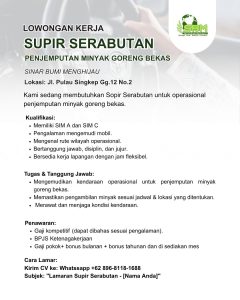 Lowongan Kerja Sebagai Supir Serabutan untuk Sinar Bumi Menghijau Penempatan di Denpasar